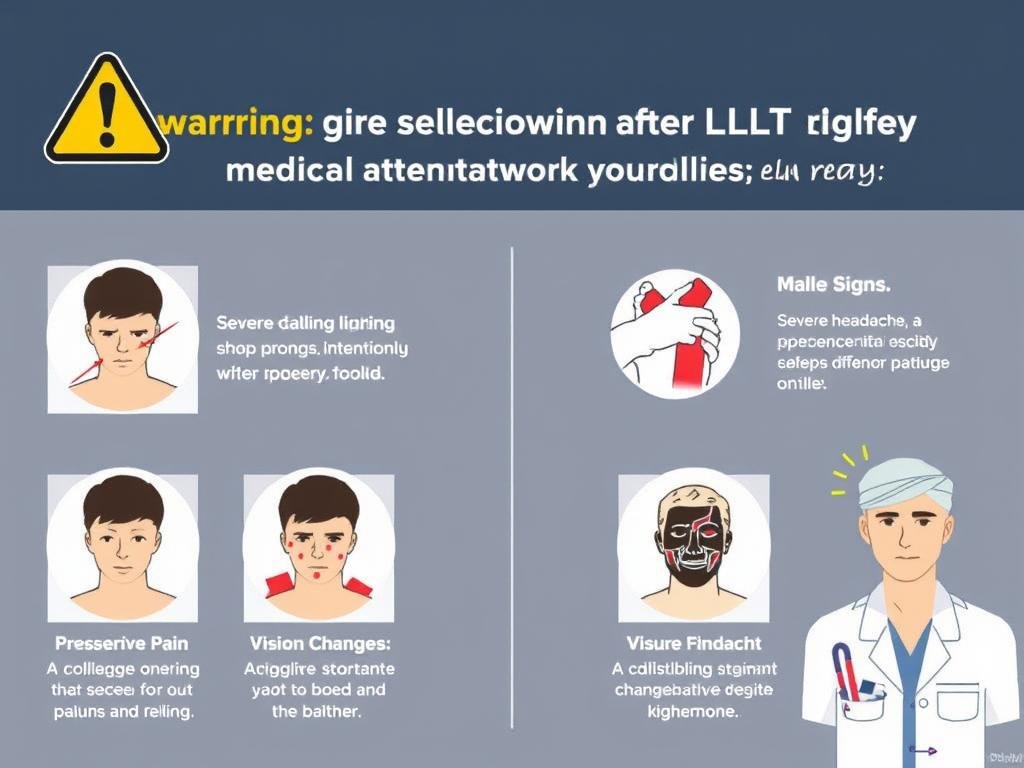 Infographic showing warning signs that require medical attention after LLLT treatment