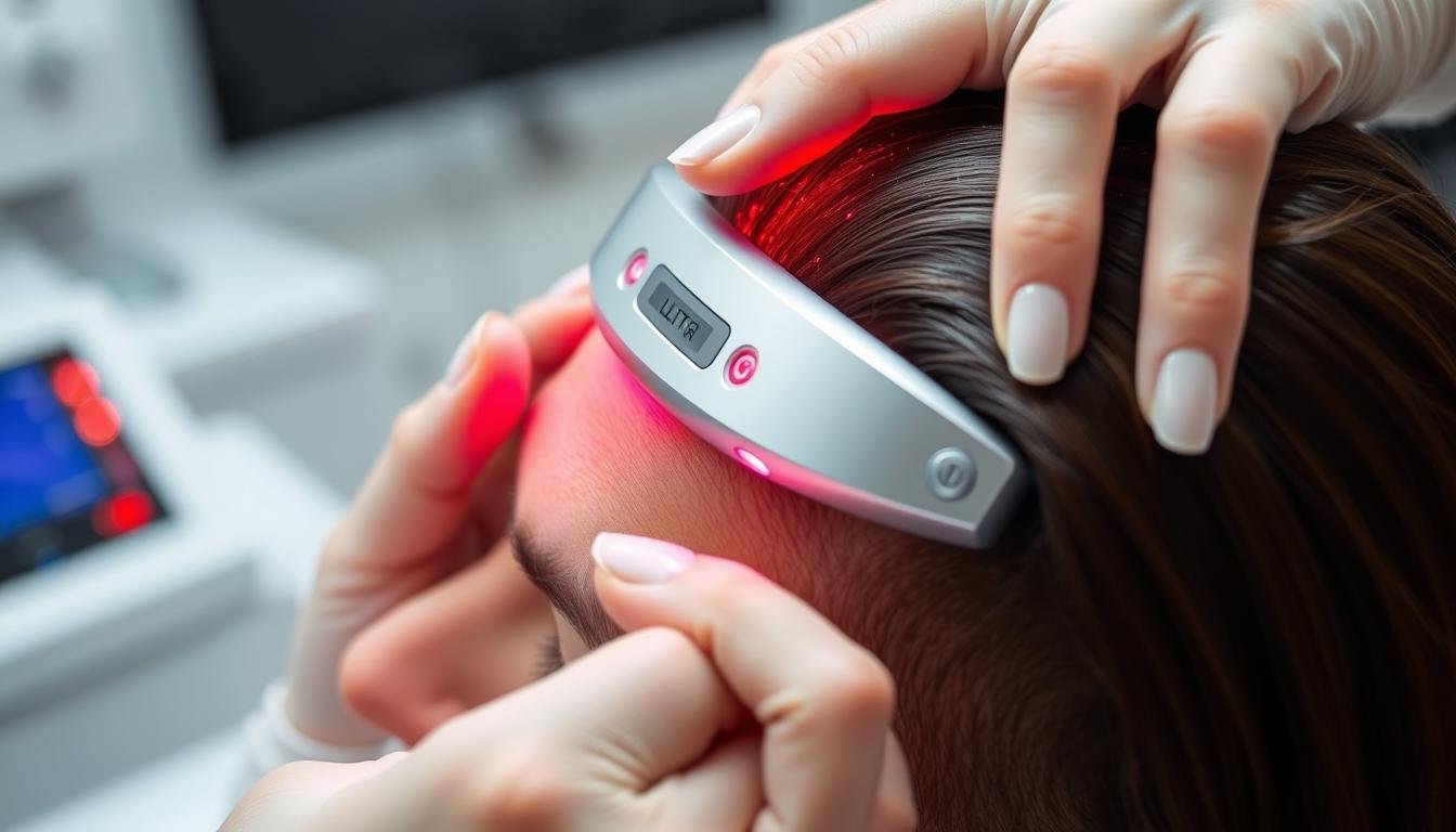 LLLT Comb device emitting red light being used on a scalp