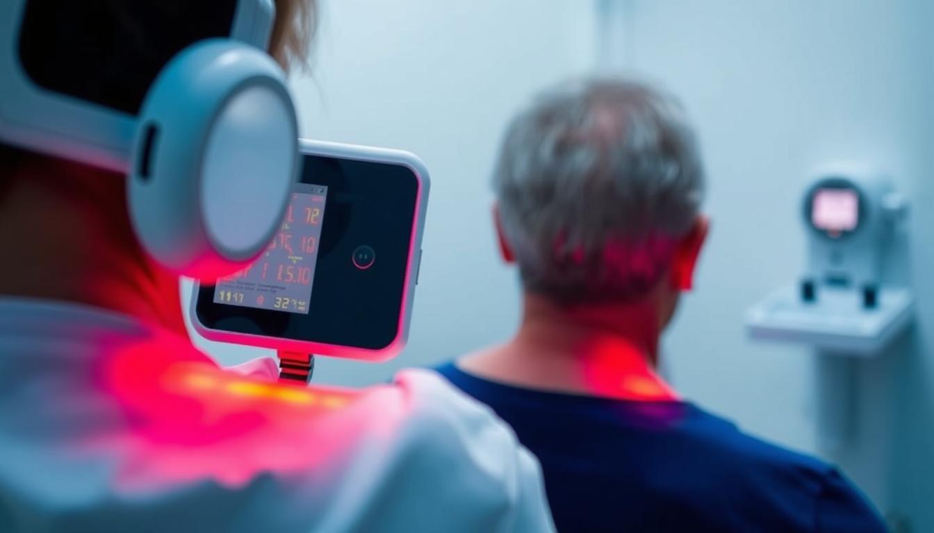 LLLT Device emitting red light during therapy session