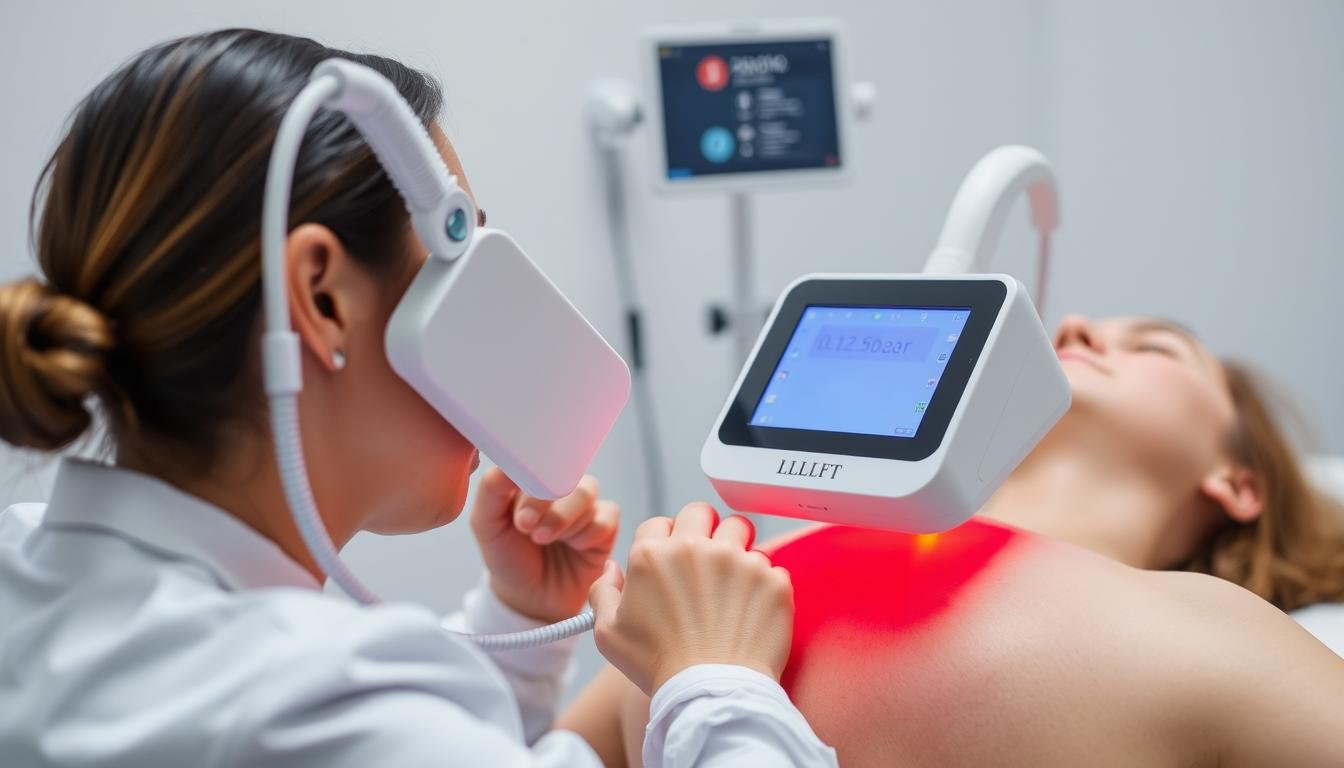 LLLT Device emitting red light during therapy session