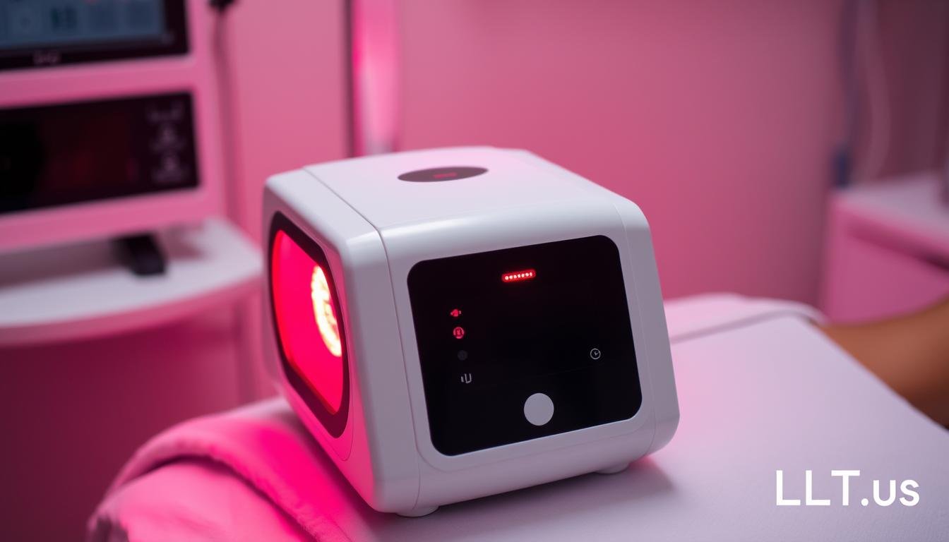 LLLT Device emitting red light during therapy session