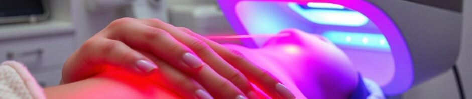 LLLT Device emitting red light during treatment session