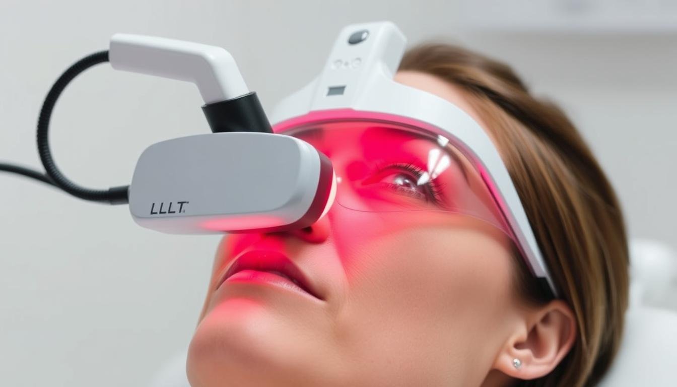 LLLT Eye Therapy device being used on a patient with protective eyewear