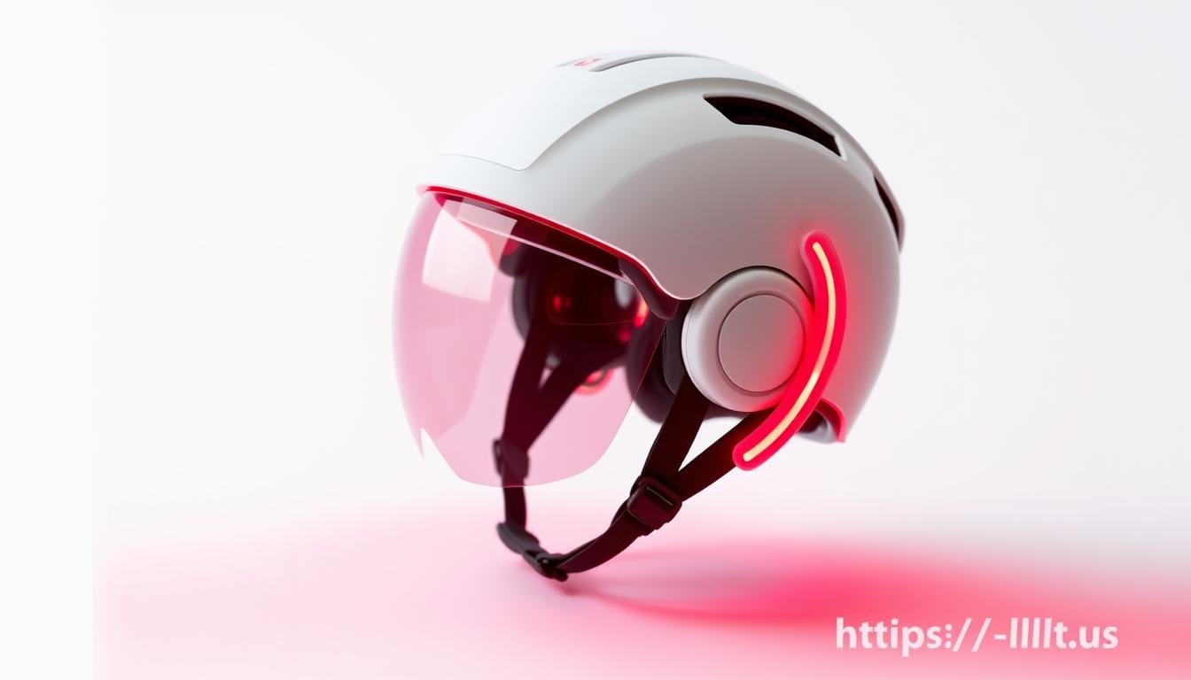 LLLT Helmet emitting red light during treatment session