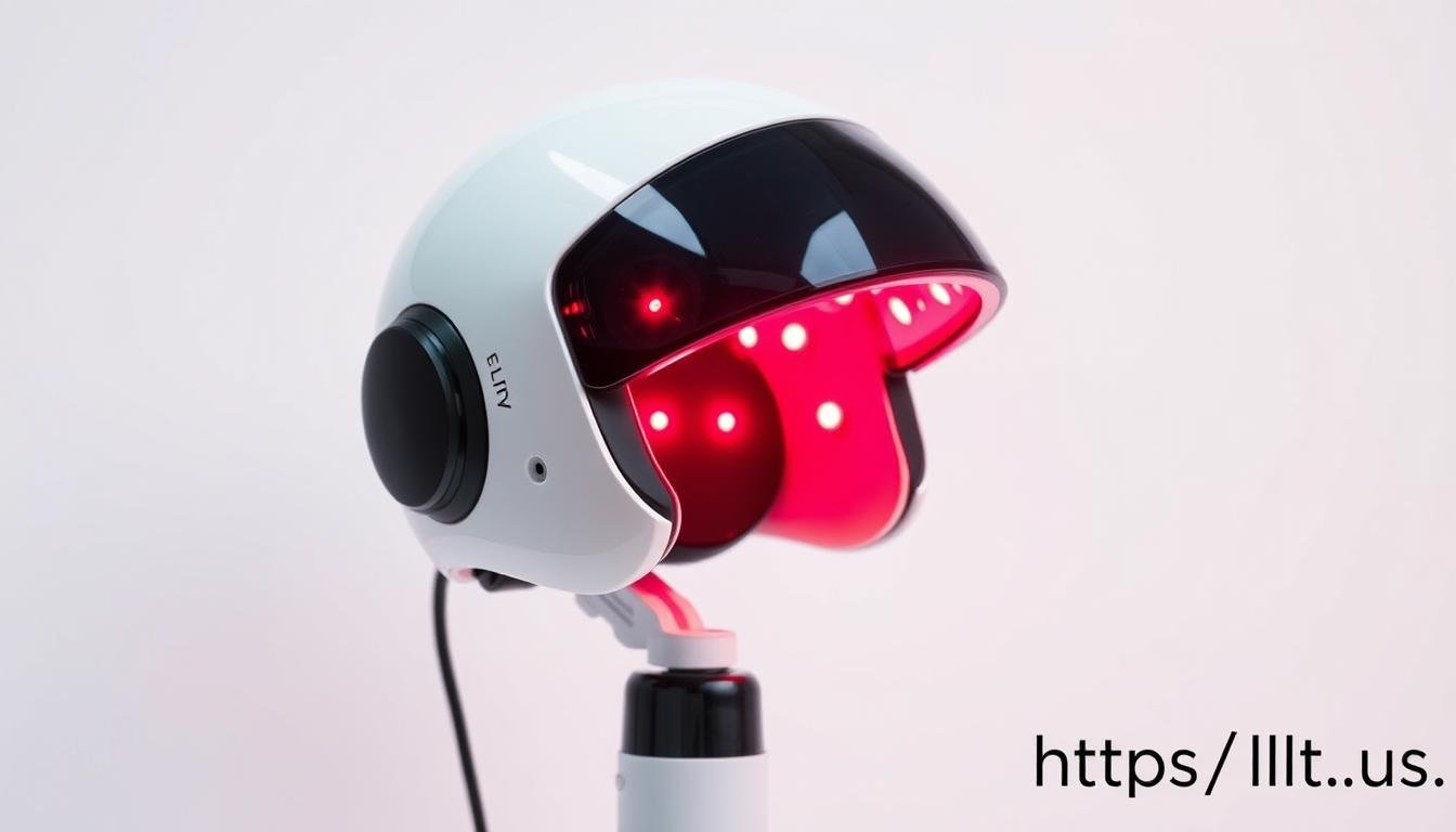 LLLT Helmet emitting red light during treatment session