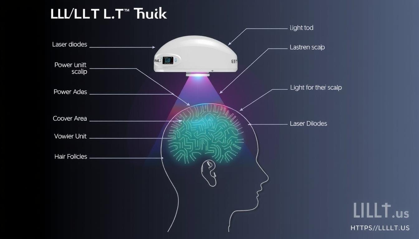 LLLT Helmet technology diagram showing how laser diodes target hair follicles