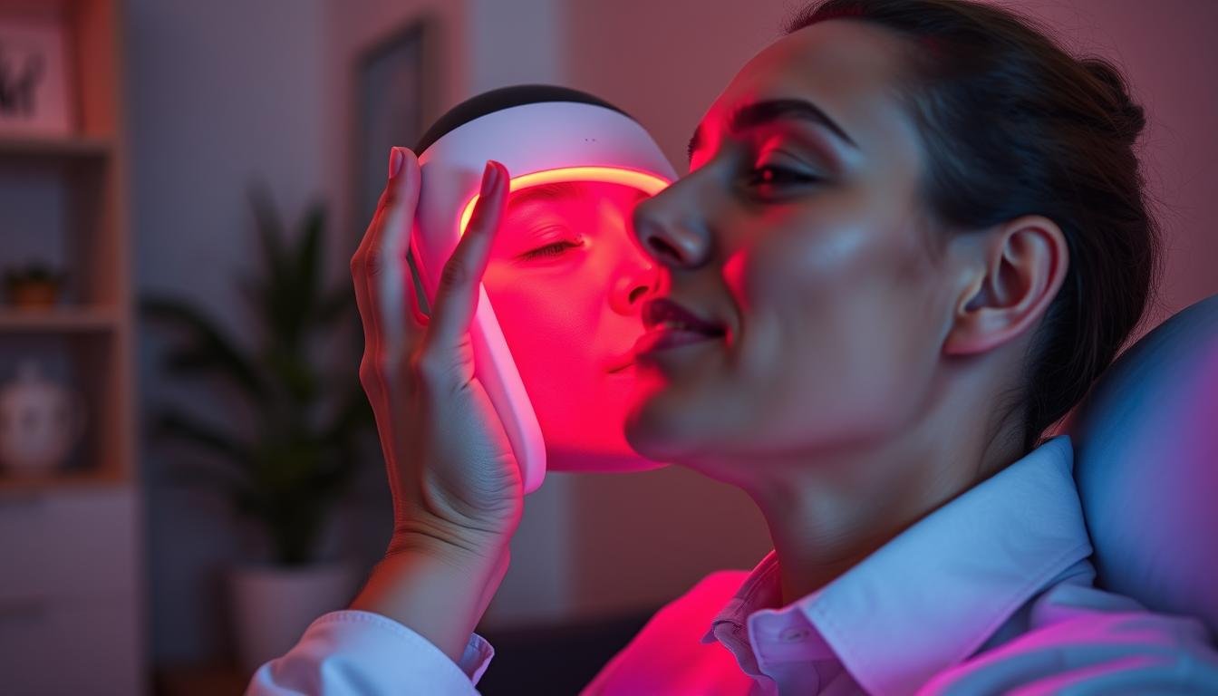 LLLT Home Device with red light therapy being used on face