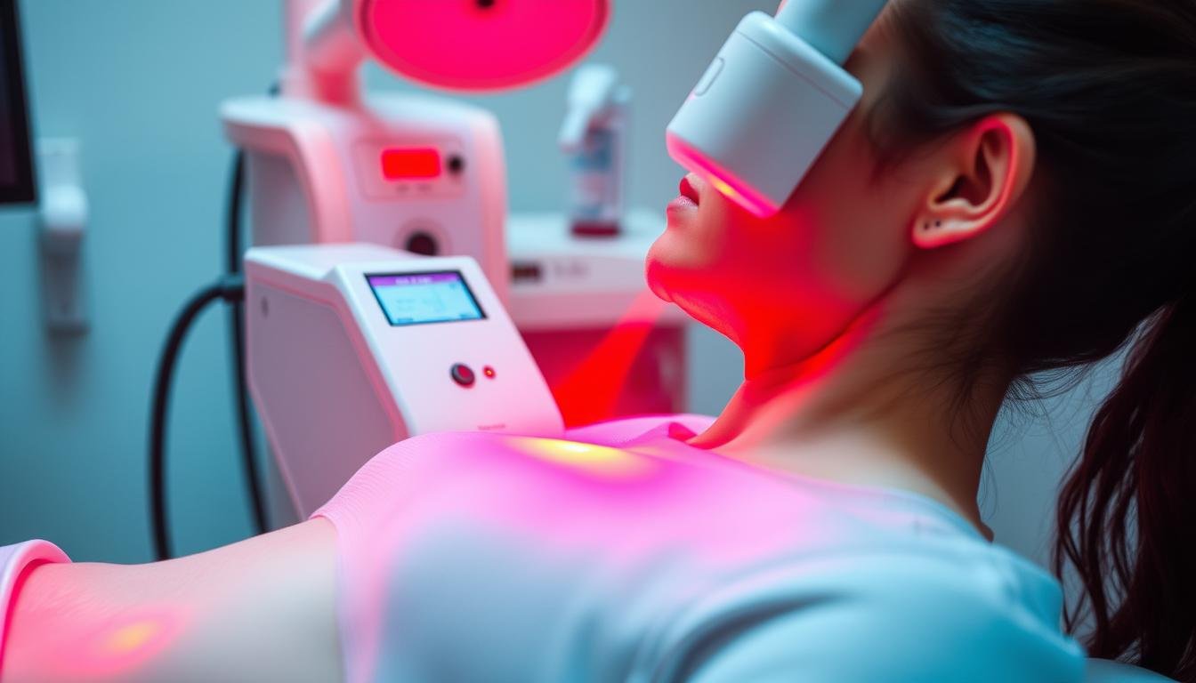LLLT Laser Device emitting red light during therapy session