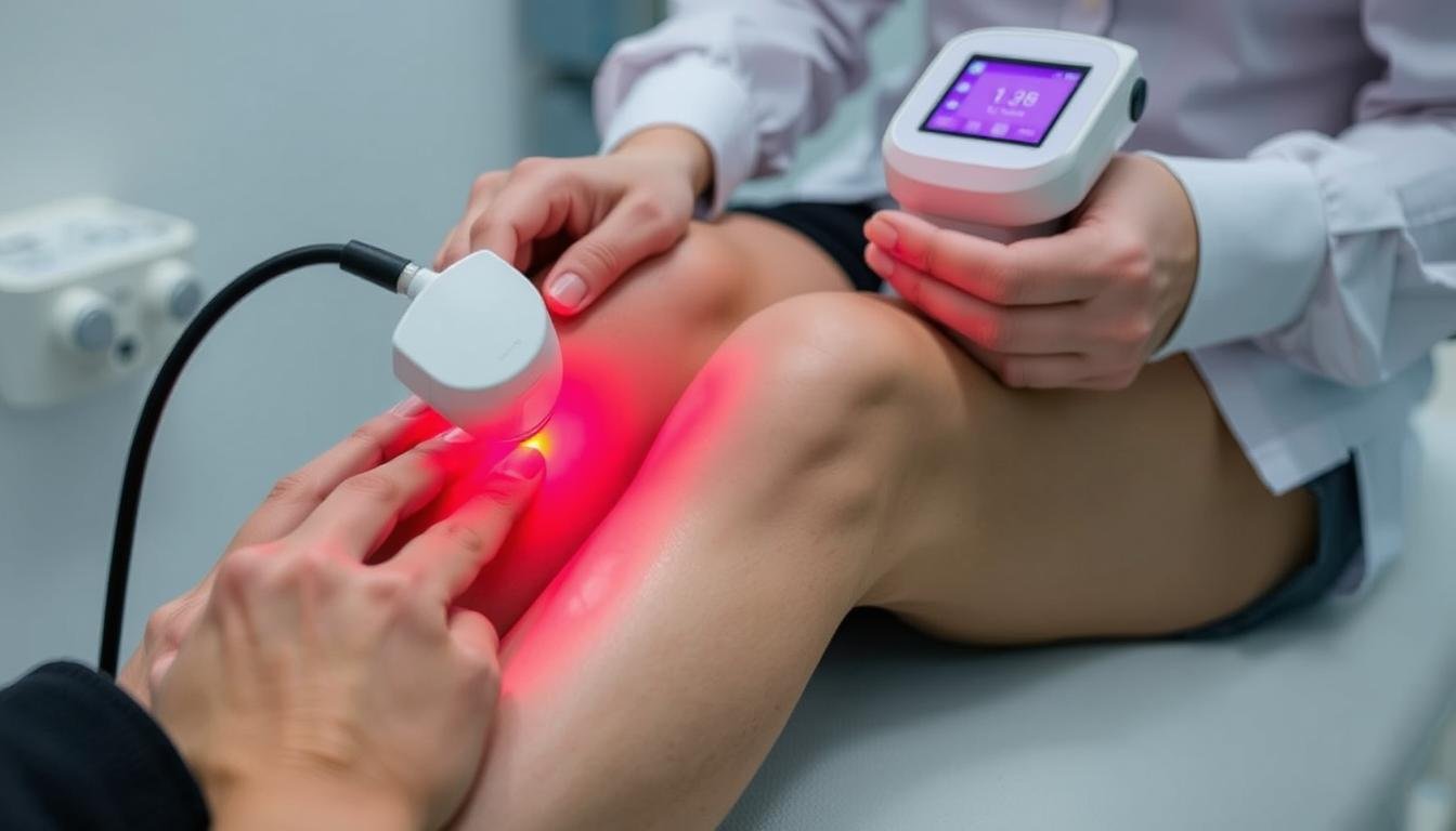 LLLT Laser device emitting red light during therapy session