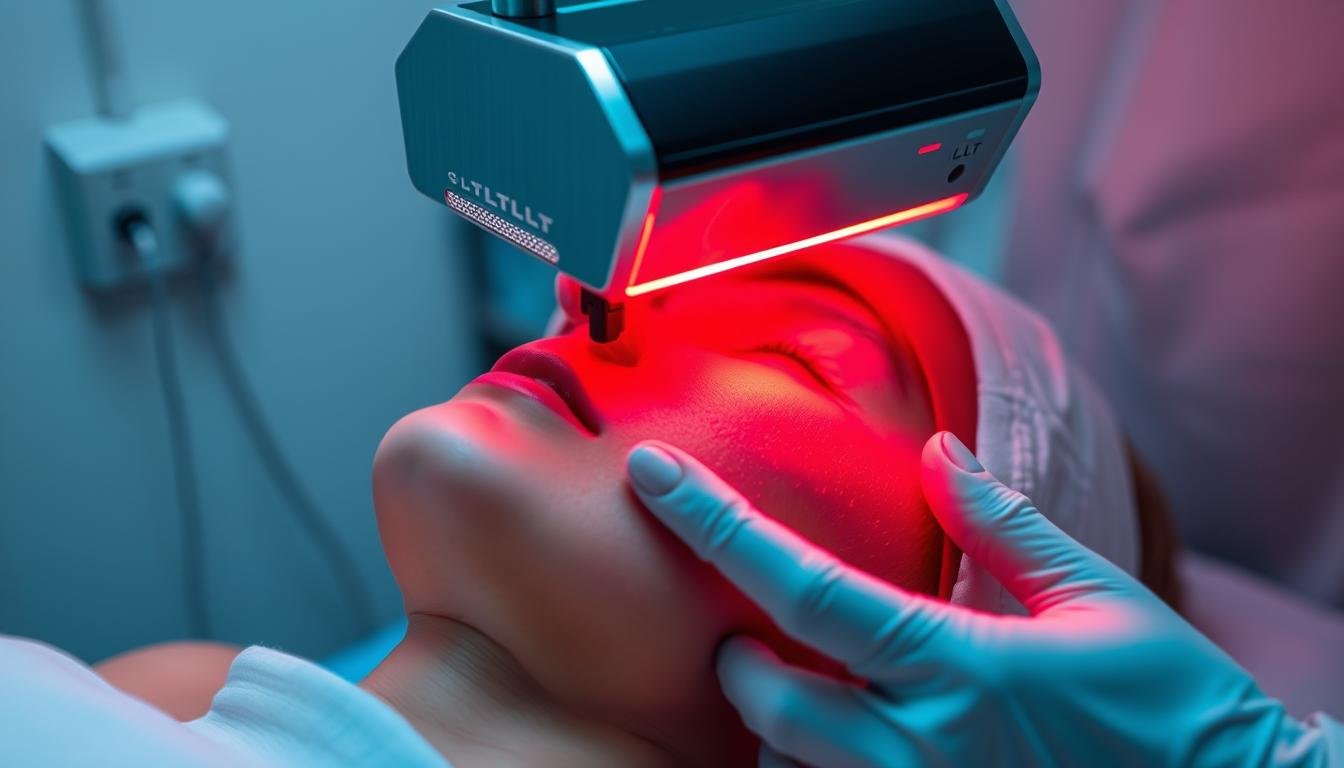 LLLT Laser device emitting red light during treatment session