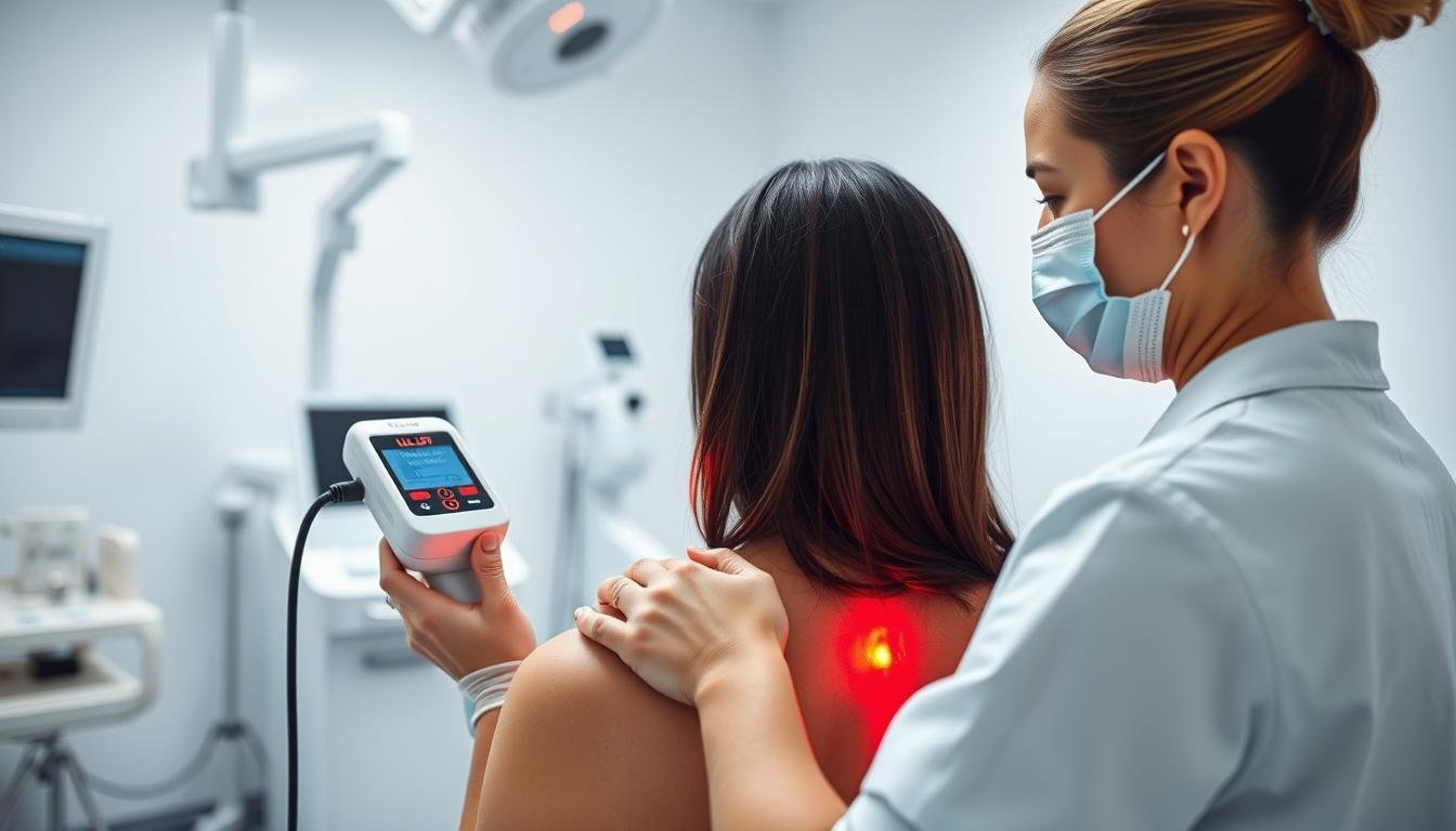 LLLT Laser therapy device being applied to a patient's shoulder by a healthcare professional