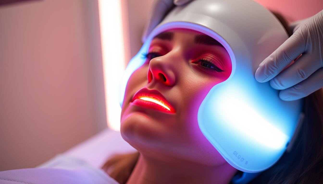 LLLT Mask emitting red light during facial treatment