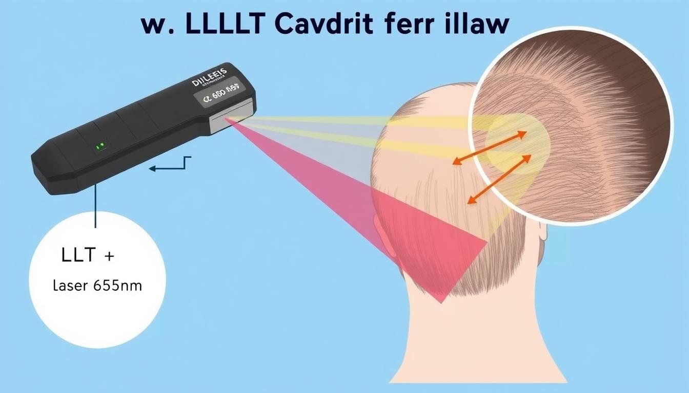 LLLT comb technology diagram showing laser diodes and scalp application