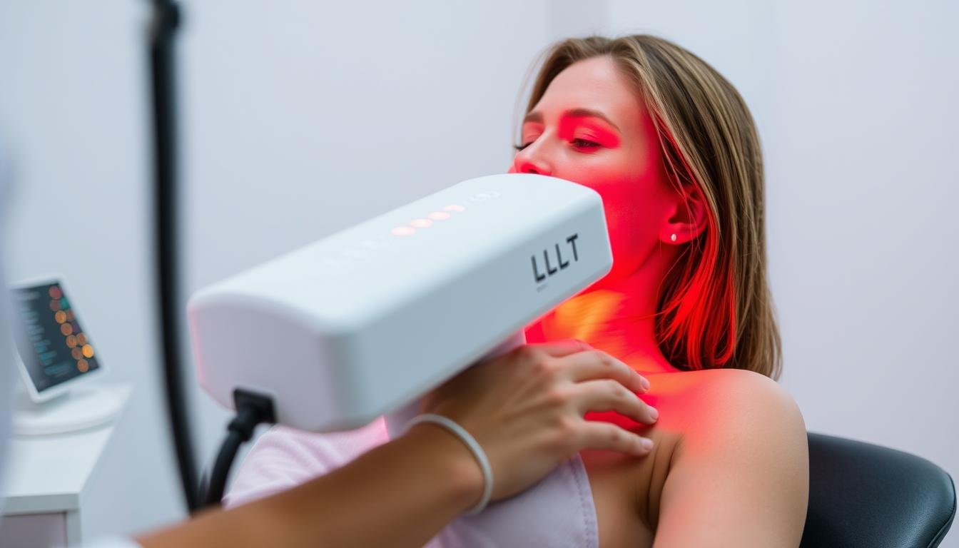 LLLT device emitting red light during therapy session