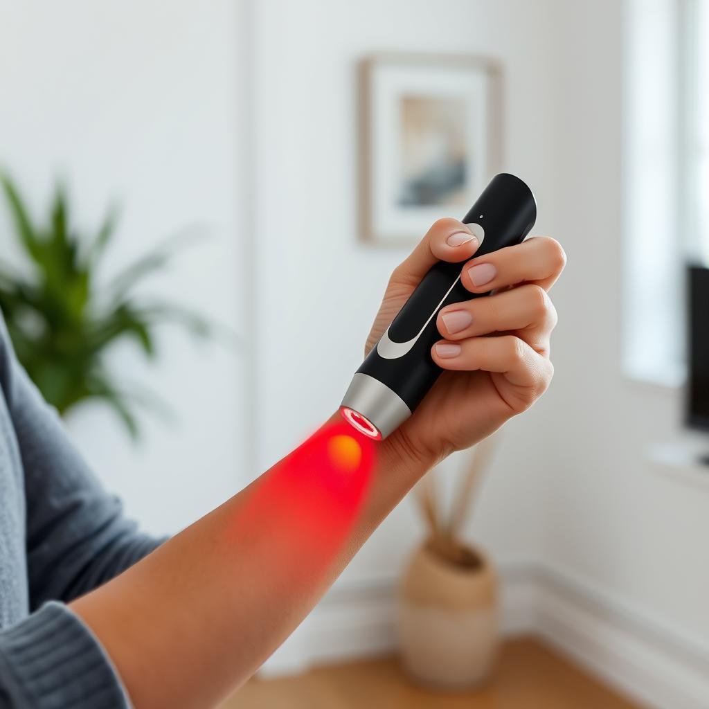 LLLT handheld wand device being used on arm LLLT handheld wand device being used on arm