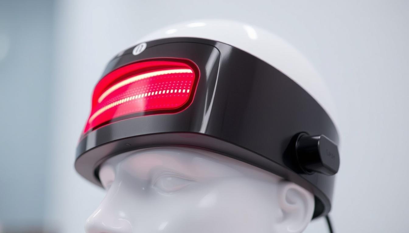 LLLT laser cap emitting red light during treatment session