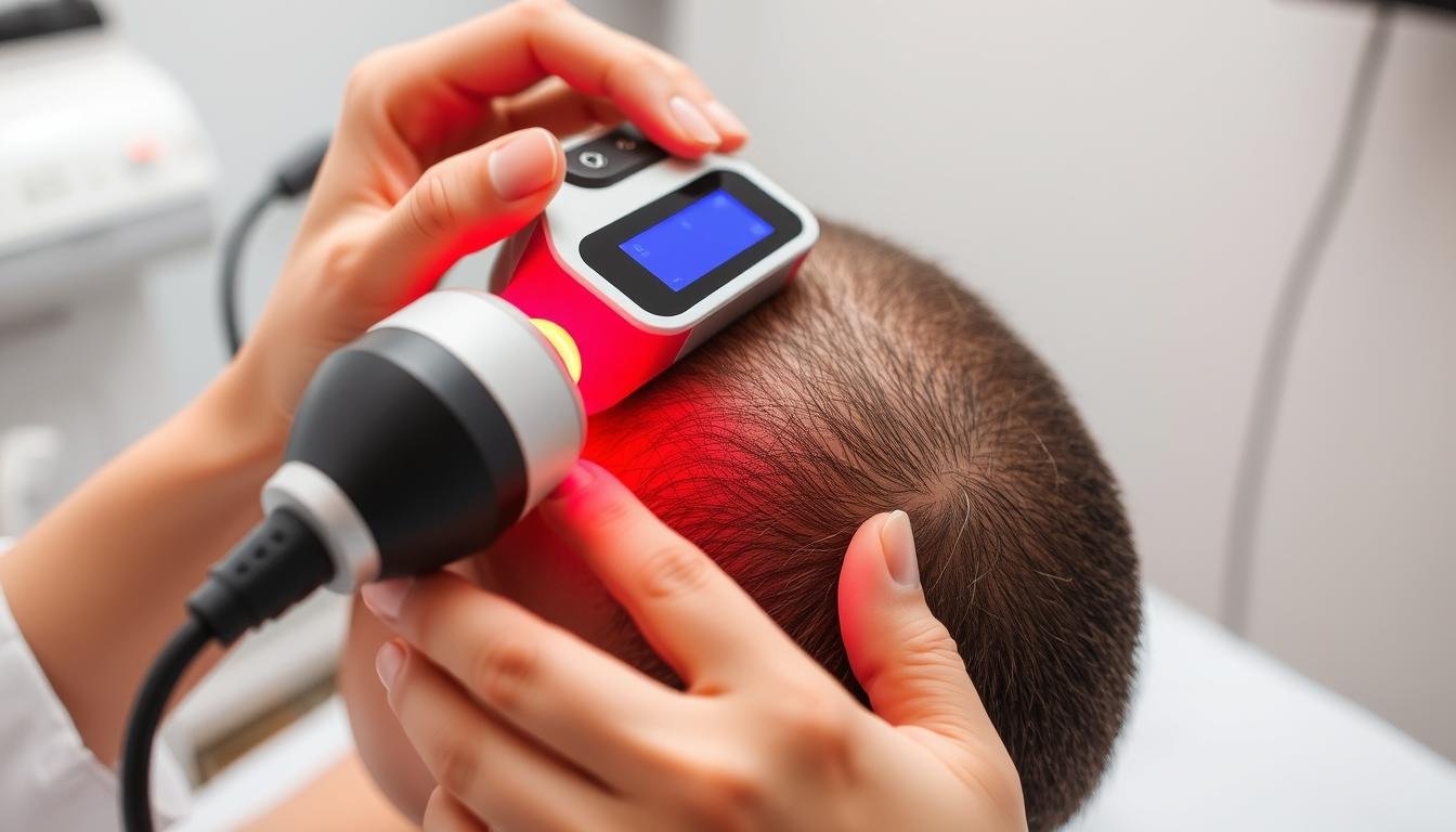 LLLT laser device emitting red light during therapy session