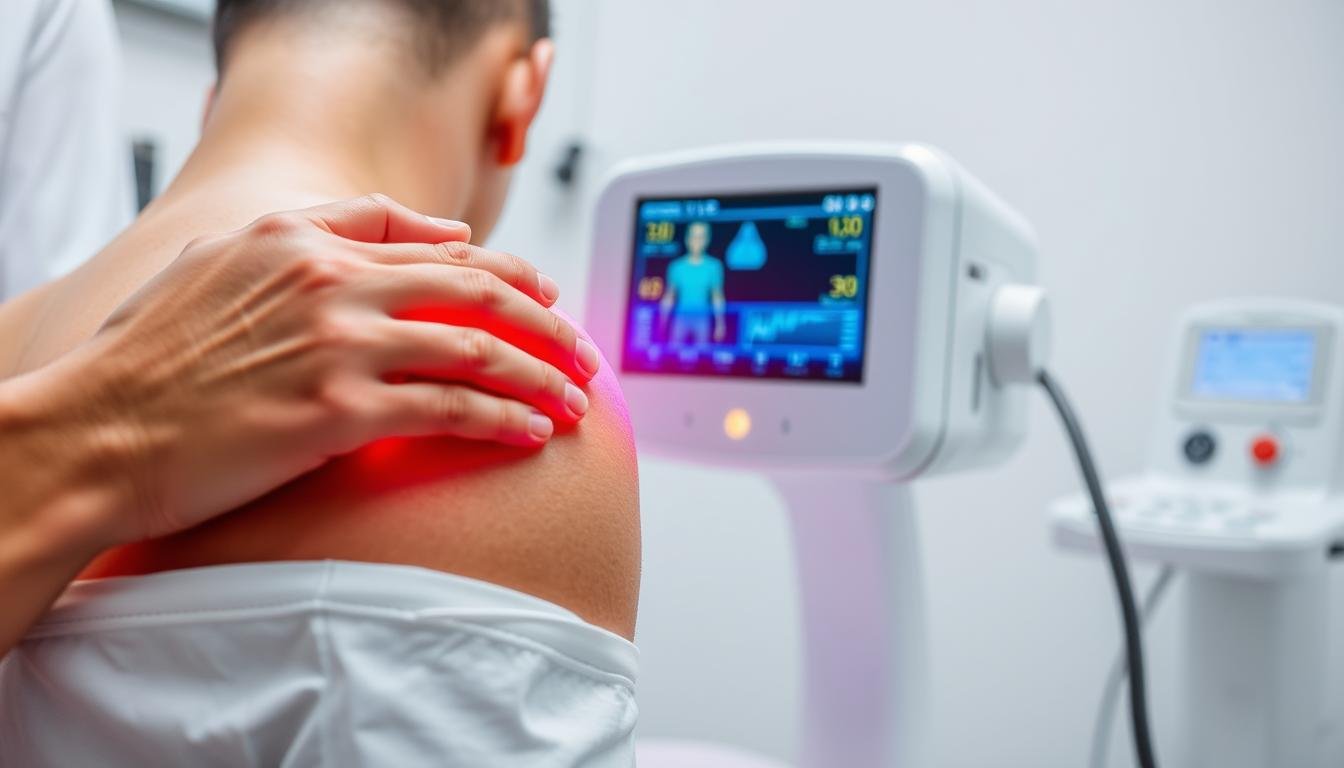 LLLT laser therapy device emitting red light during treatment session