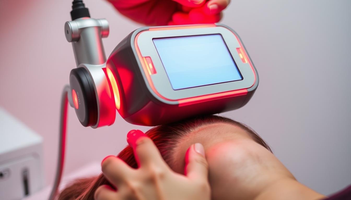 LLLT laser therapy device emitting red light during treatment session