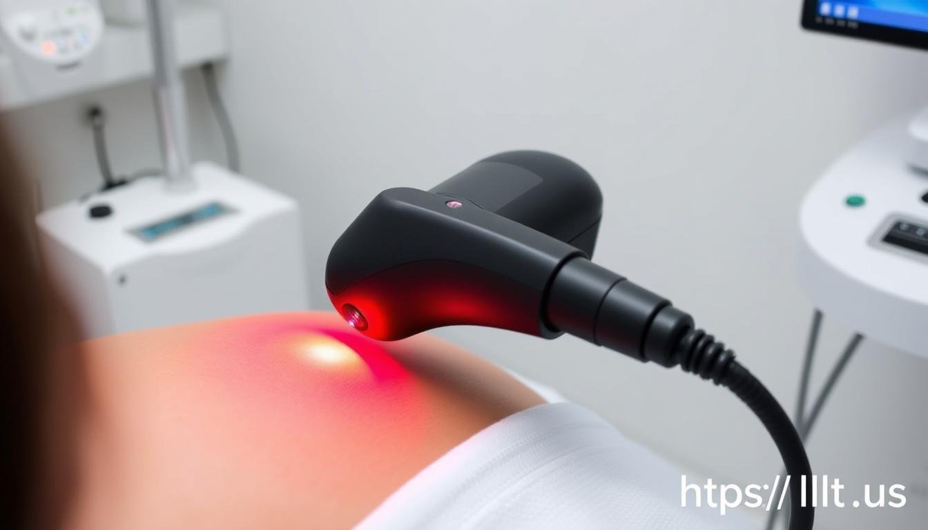 LLLT laser therapy device emitting red light during treatment