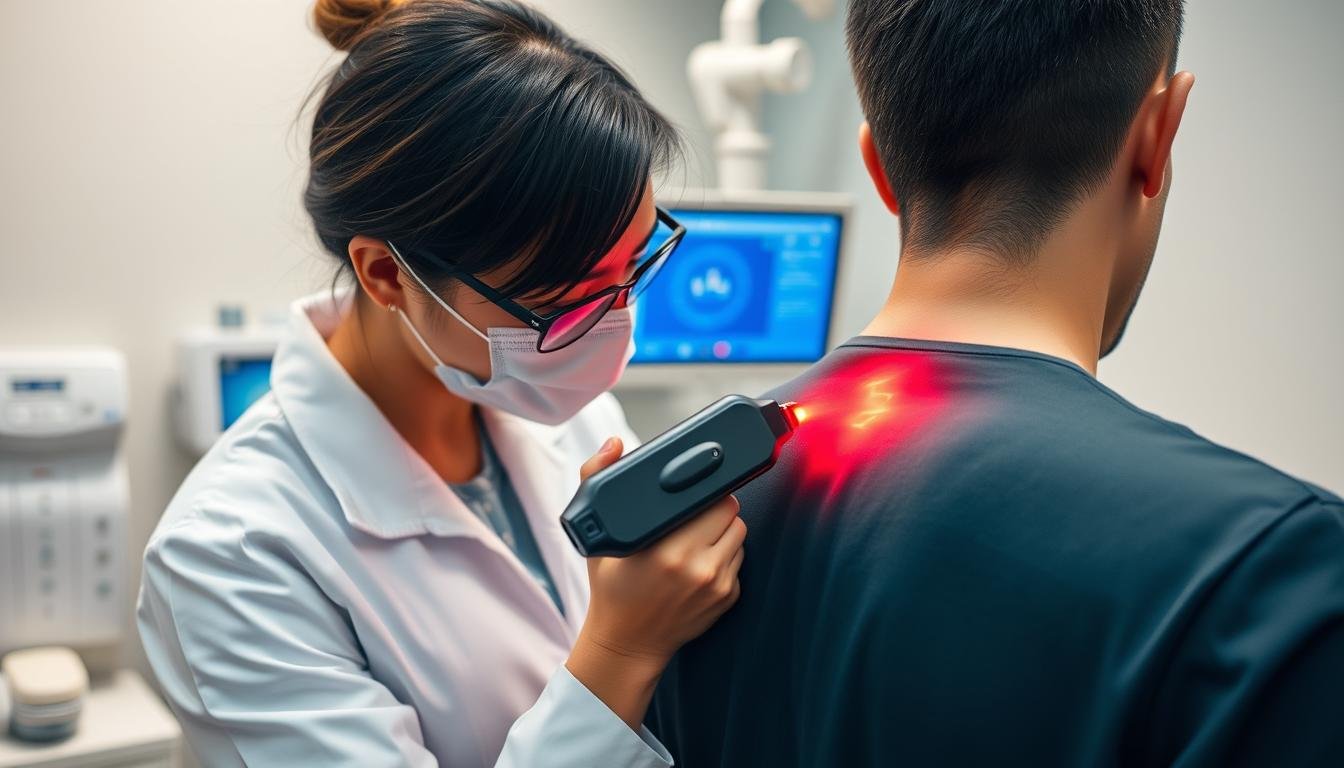 Low-level laser therapy being applied to a patient's shoulder showing red light emission from a handheld device