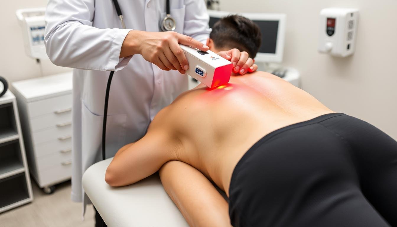 Low-level laser therapy device being used on a patient's back, showing the red light emission from the LLLT device