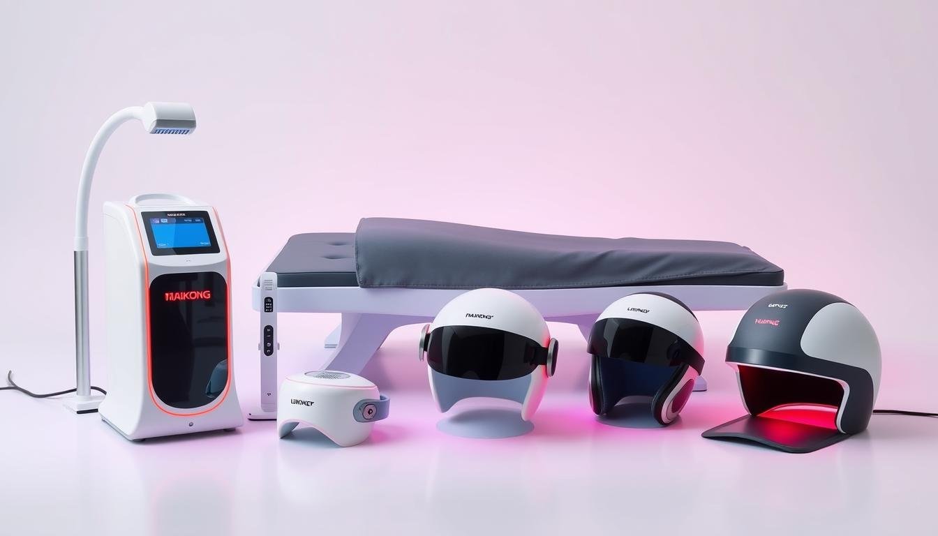 MAIKONG LLLT device lineup showing various products with safety features highlighted