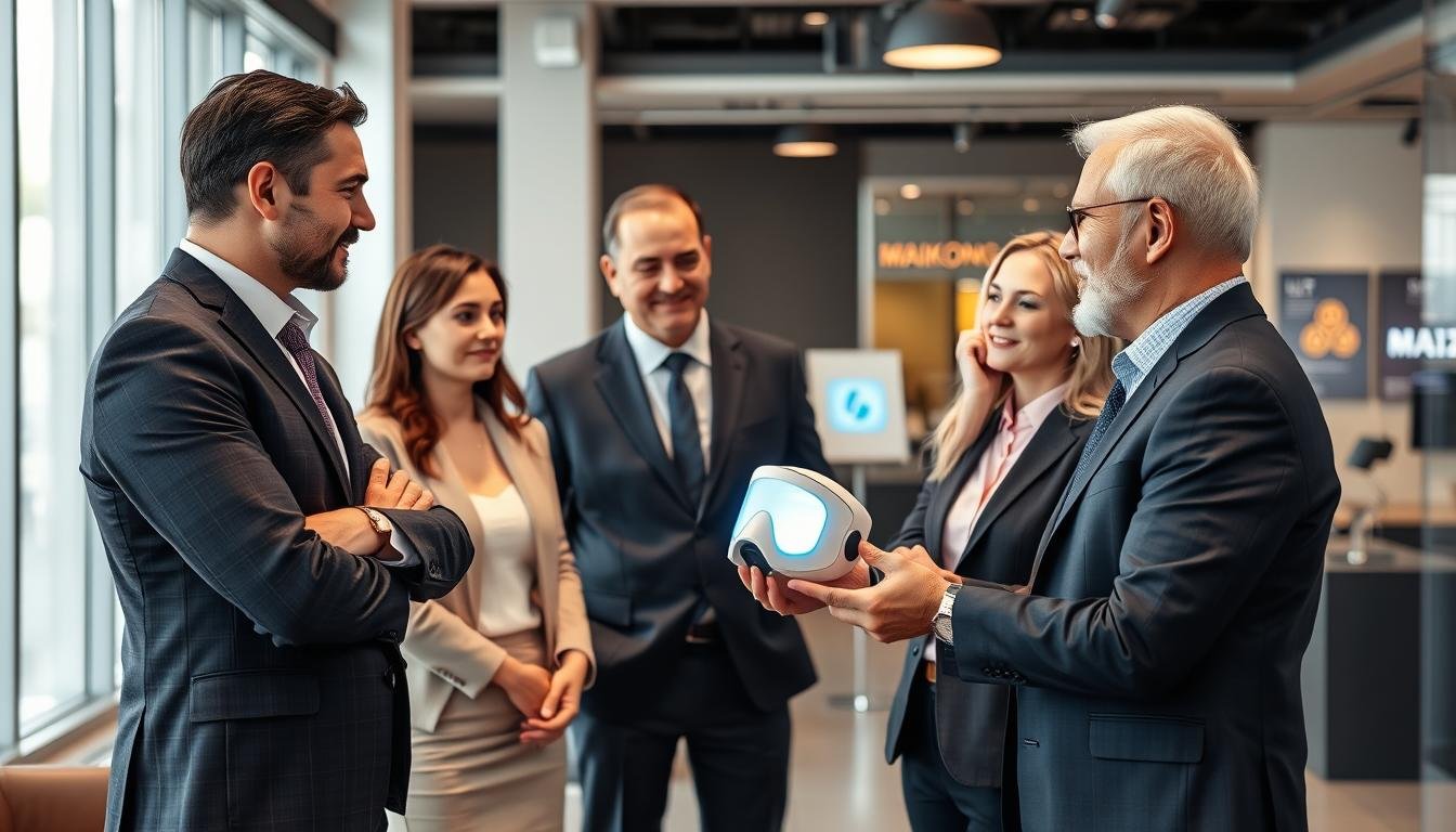 MAIKONG distributor meeting with potential clients showcasing LLLT Mask