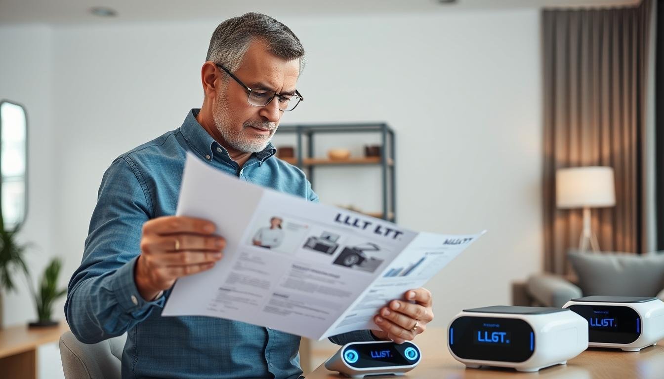 Man examining LLLT device specifications before purchase