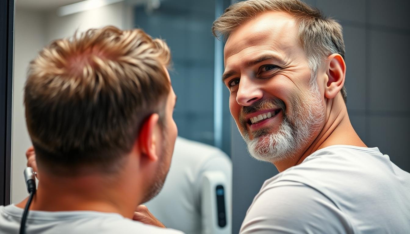 Man experiencing positive results from MAIKONG LLLT device