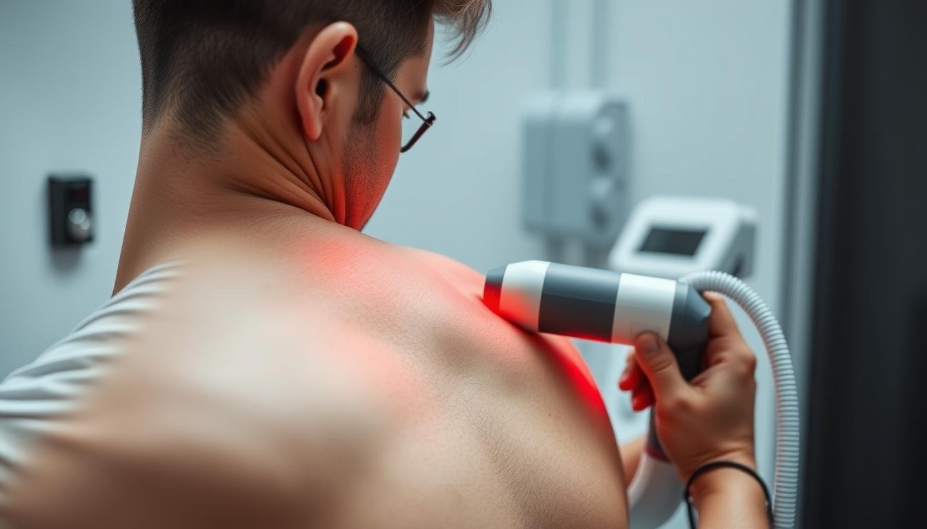Man receiving LLLT laser therapy treatment on his back showing the red light application