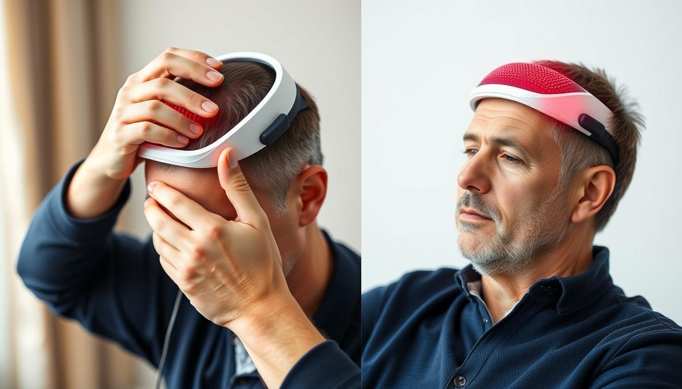 Man using LLLT cap for hair loss treatment showing proper application