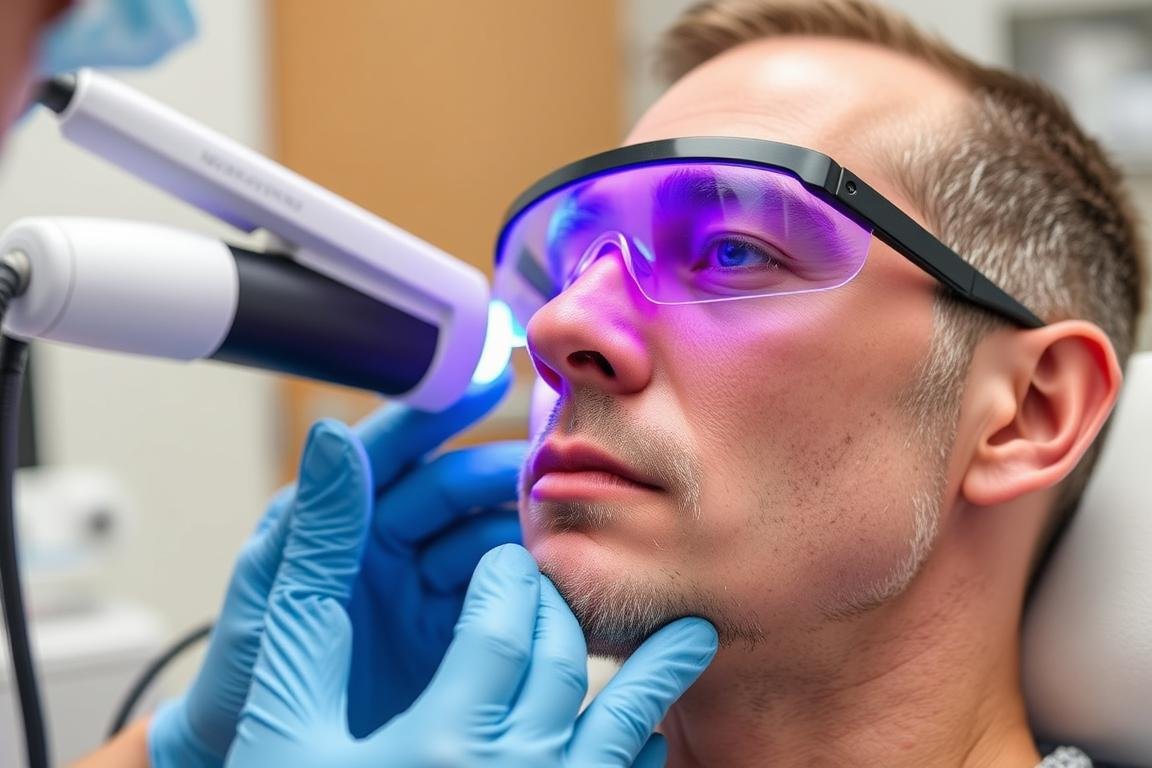 Man with visible skin condition receiving careful LLLT treatment with protective measures