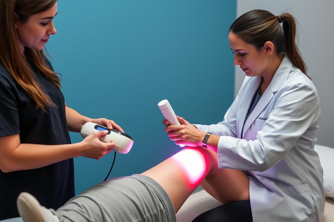 Medical professional demonstrating proper LLLT device application