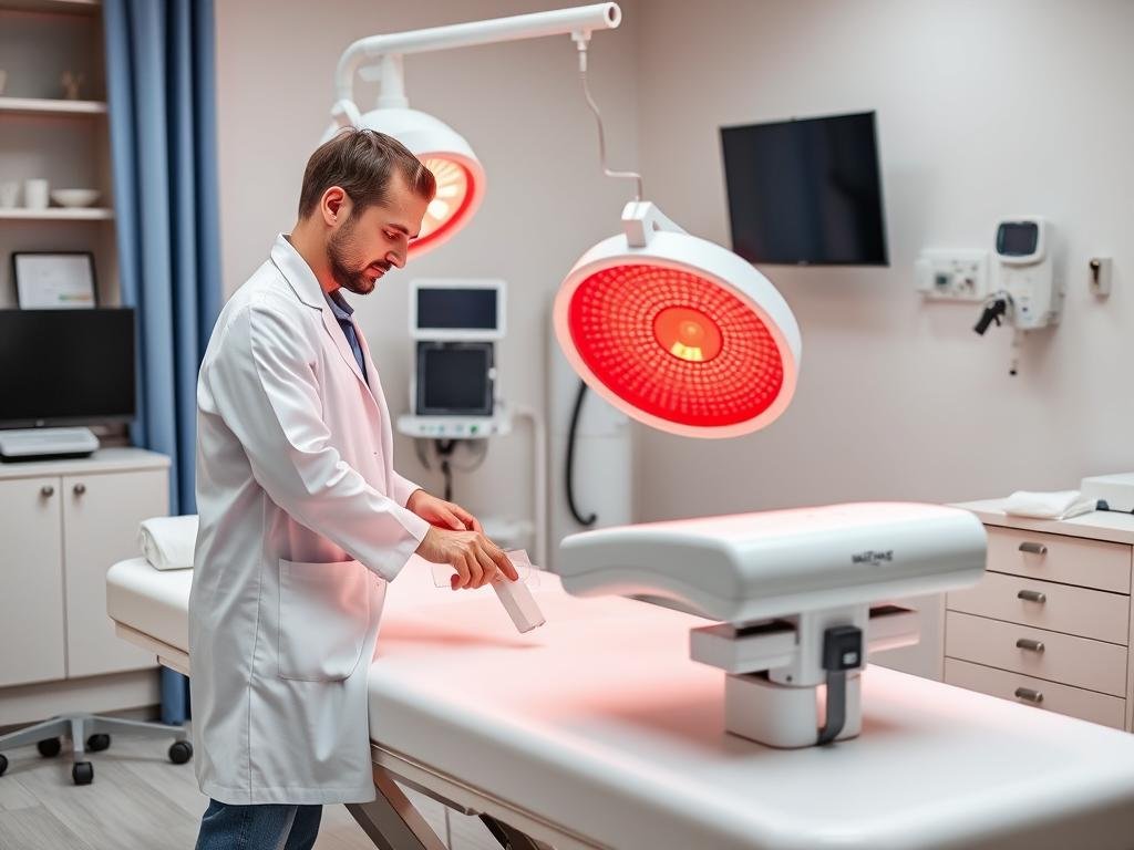 Medical professional operating a red light therapy bed in a clinical setting