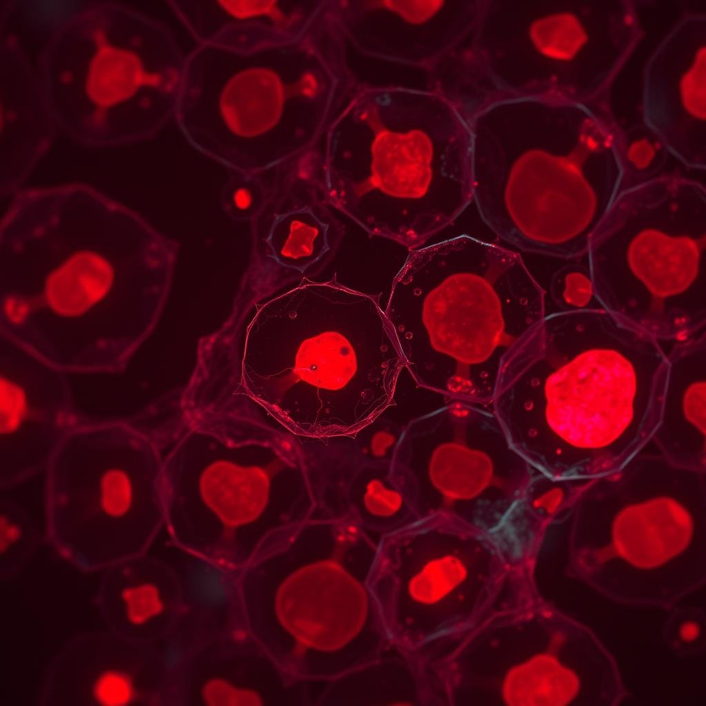 Microscopic view of cells absorbing red light