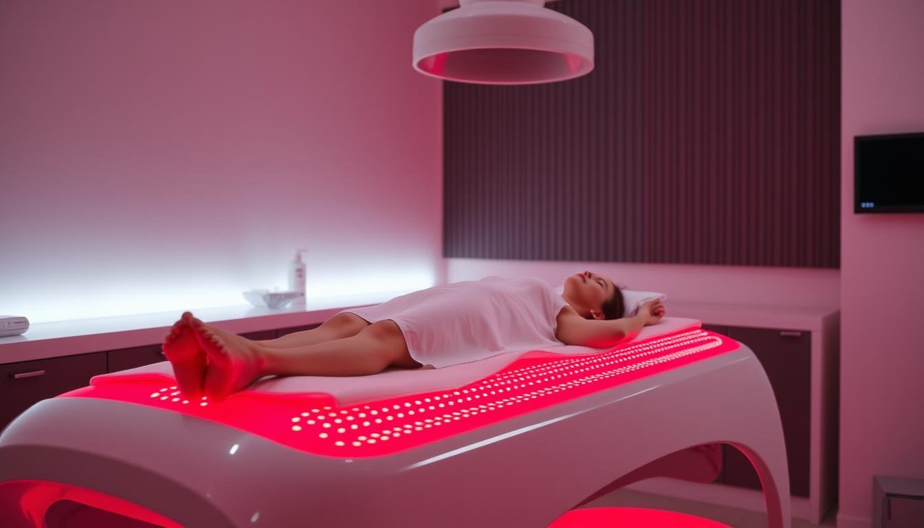 Modern red light therapy bed with person receiving treatment