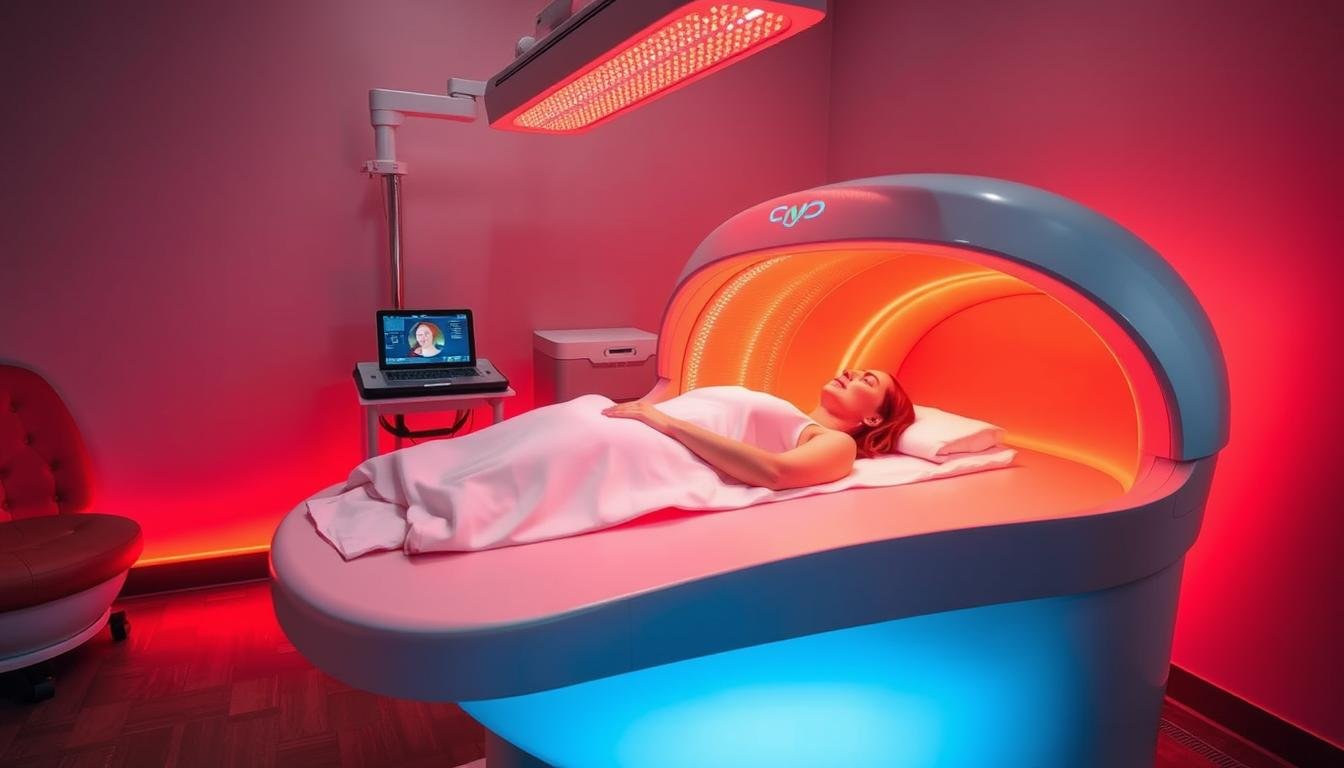 Modern red light therapy bed with person receiving treatment