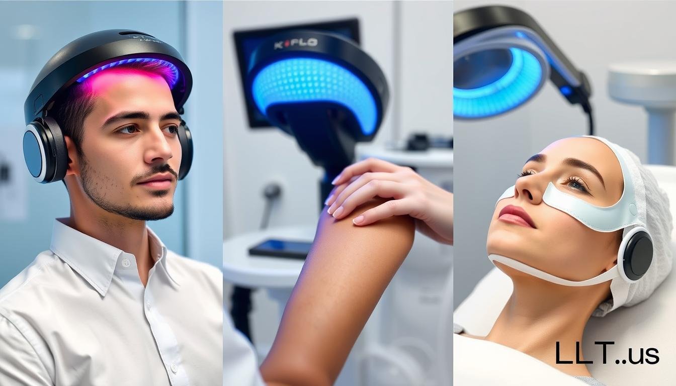 Multiple LLLT device applications showing hair growth, pain relief, and skin treatment