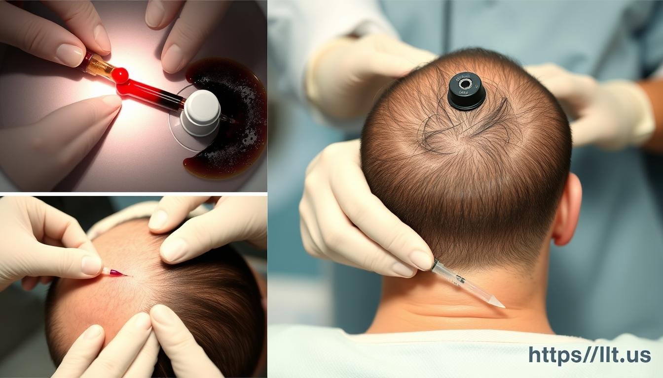 PRP therapy procedure for hair loss showing blood processing and scalp injection
