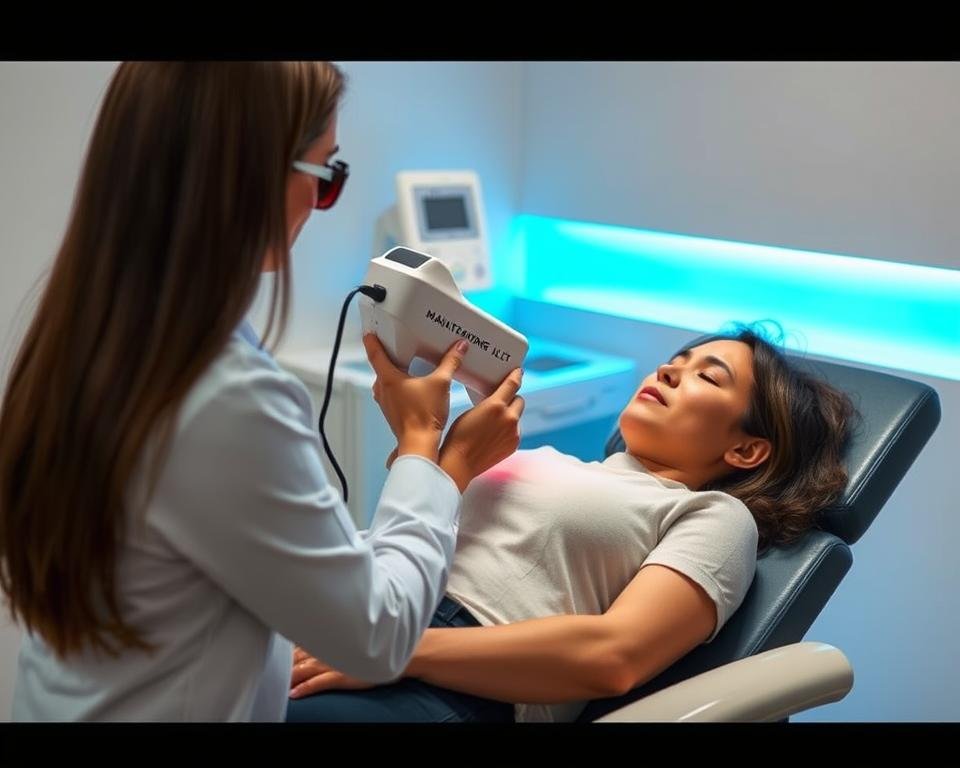 Patient receiving LLLT Eye Therapy treatment in a clinical setting