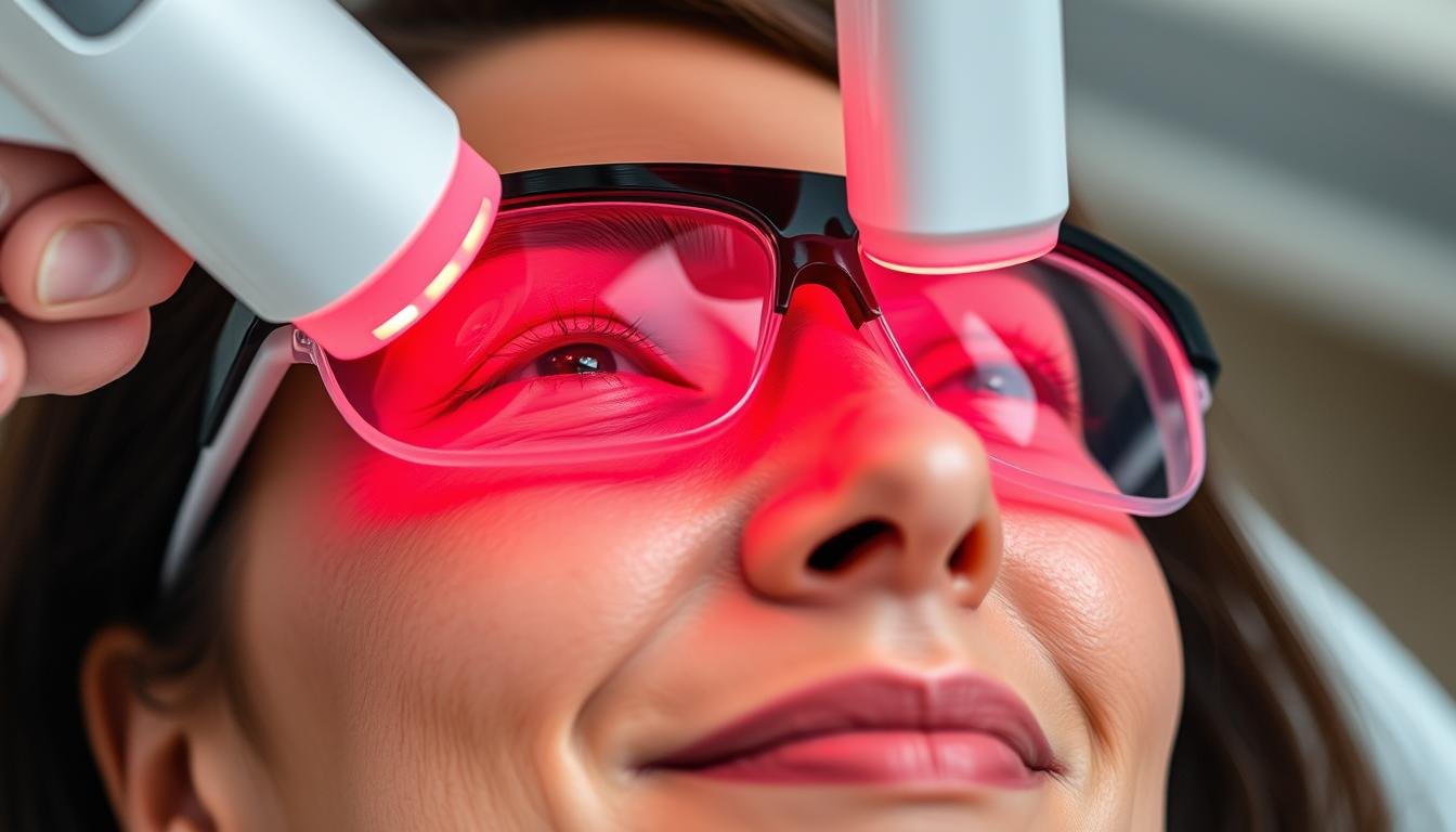 Patient receiving LLLT eye treatment showing comfort during procedure