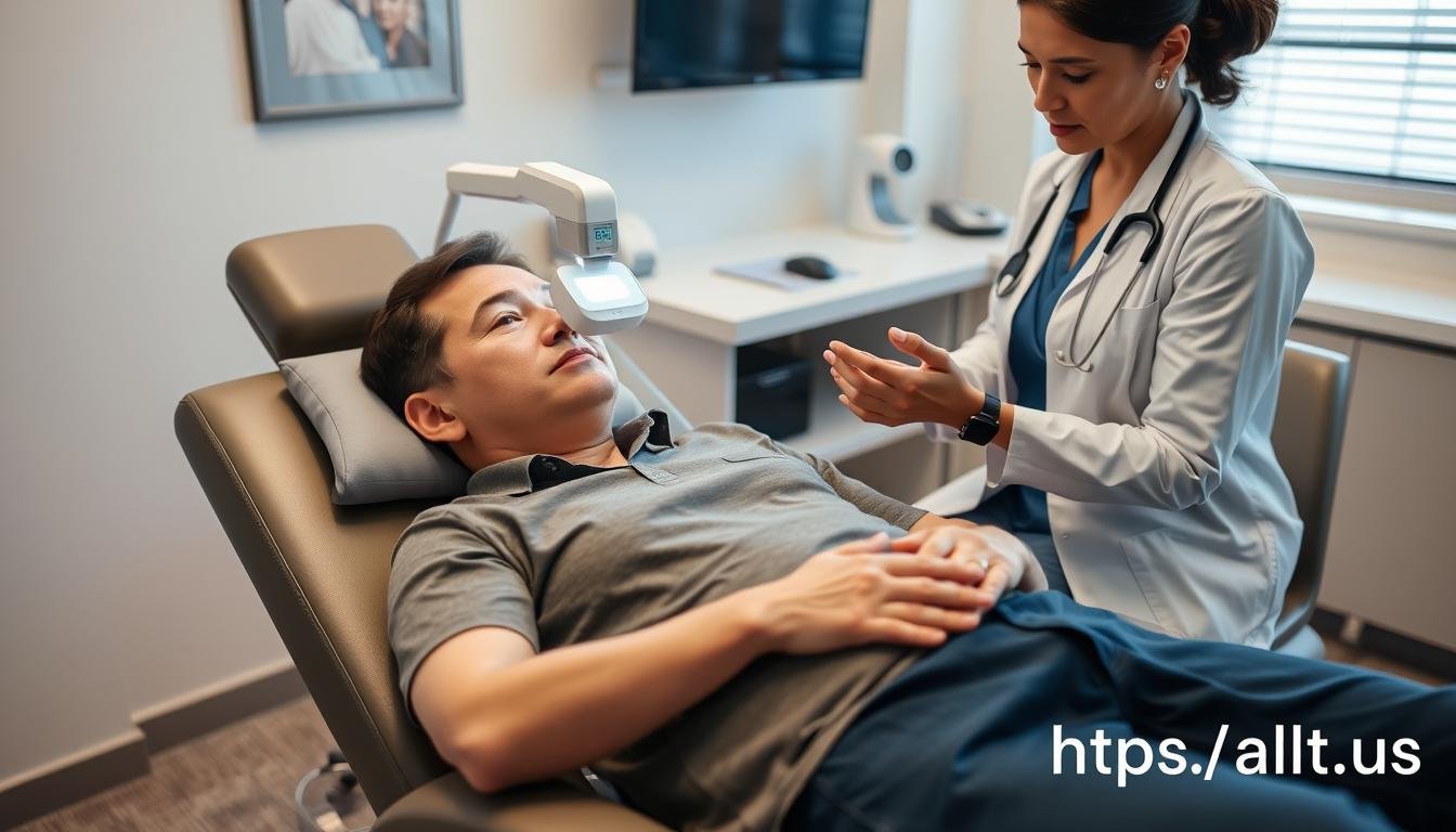 Patient receiving LLLT eye treatment with MAIKONG device