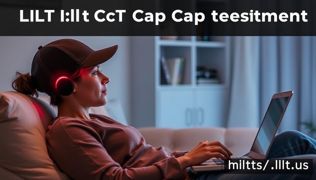 Person comfortably using an LLLT Cap while reading at home