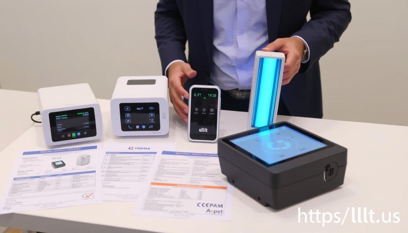 Person comparing different LLLT devices with specification charts Person comparing different LLLT devices with specification charts