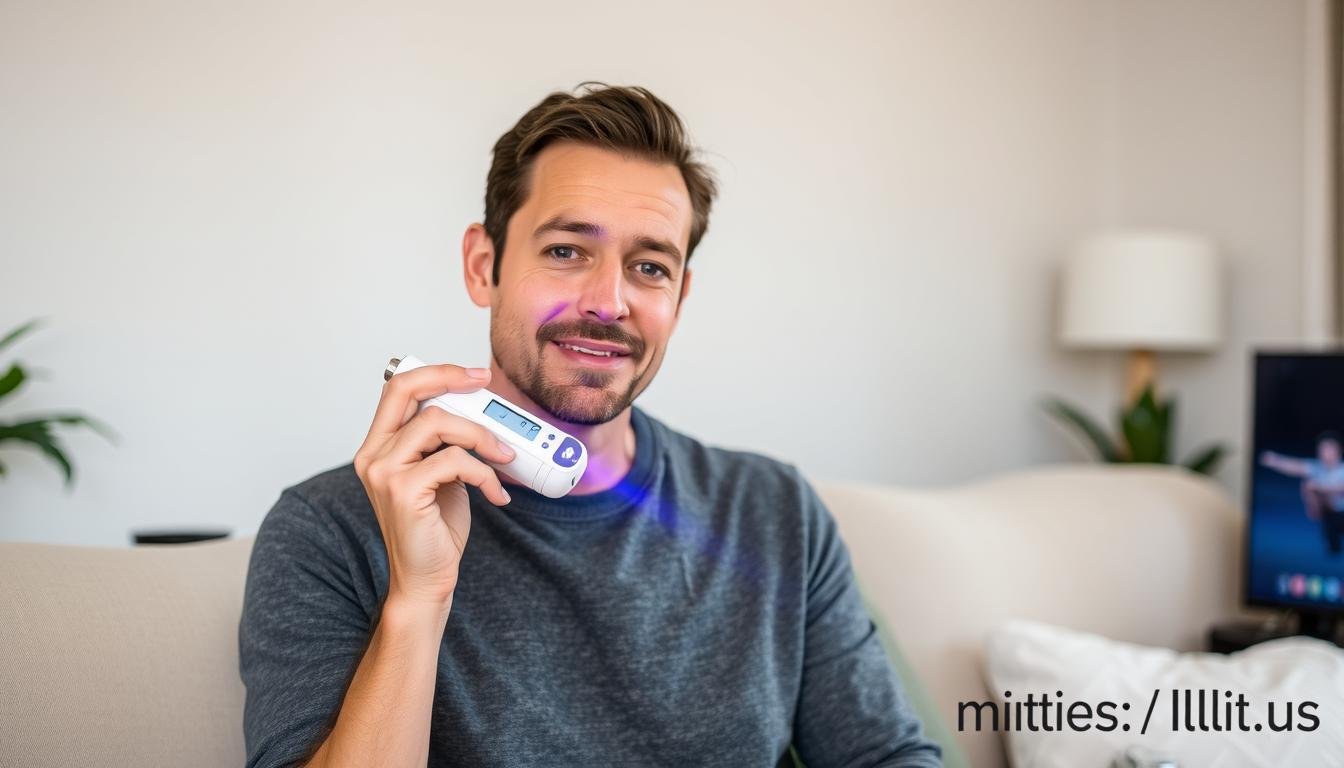 Person confidently using MAIKONG LLLT laser device at home