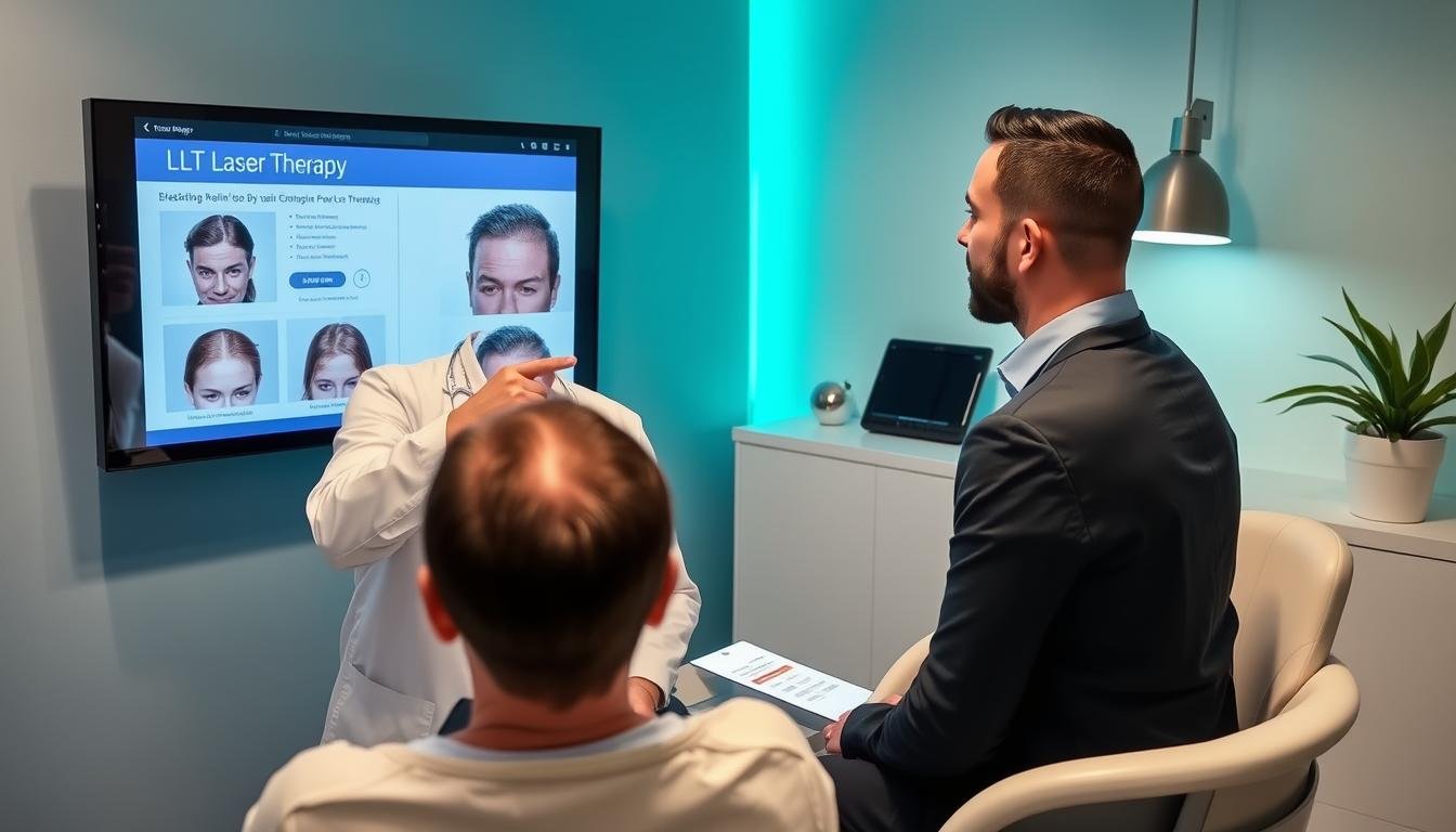 Person consulting with a hair specialist about LLLT laser therapy options