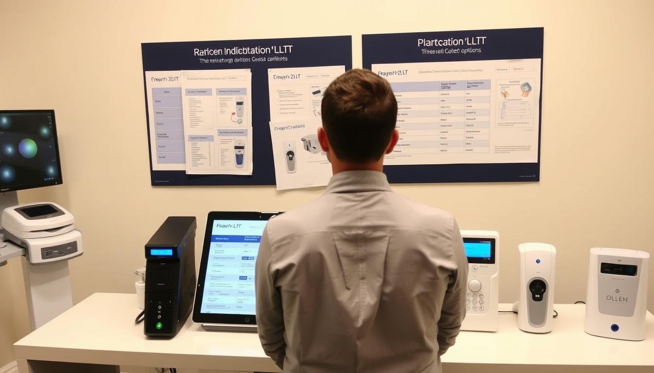 Person evaluating different LLLT device options with comparison chart
