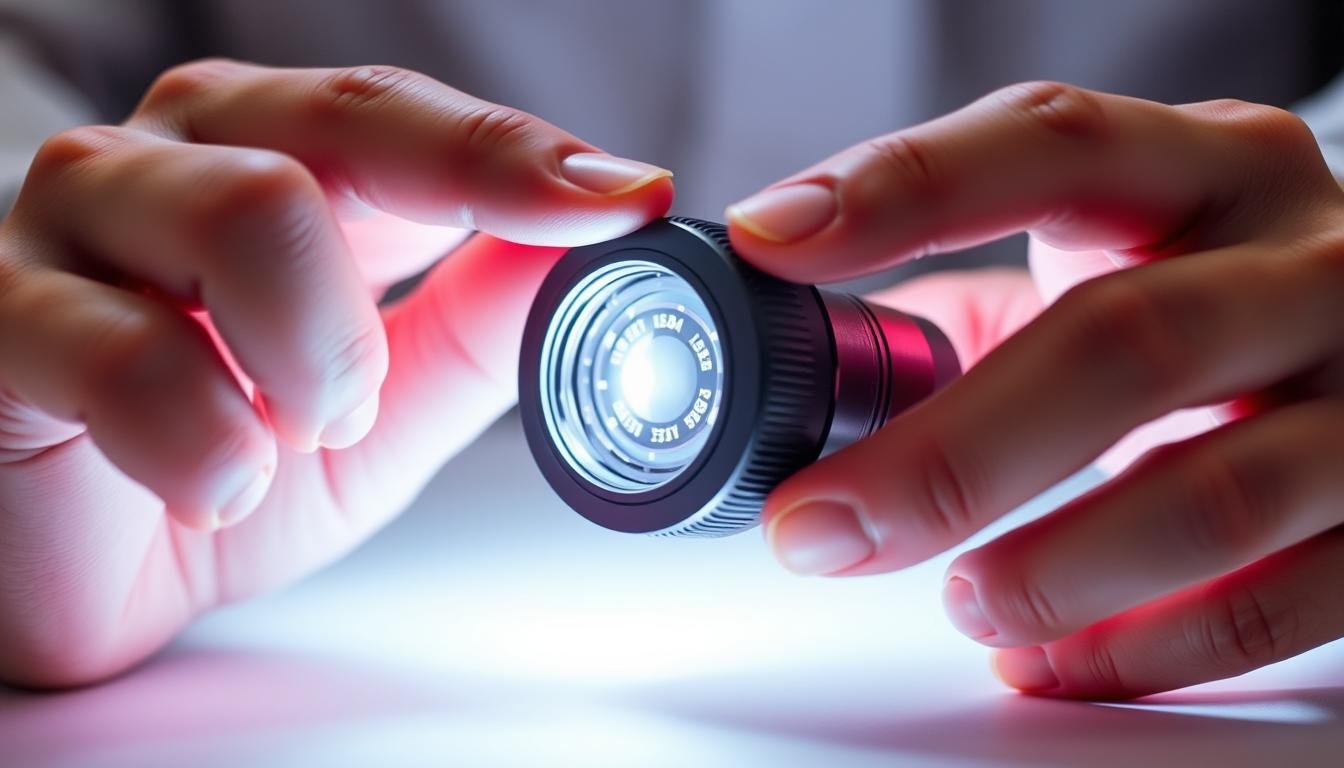 Person examining the specifications of an LLLT laser cap