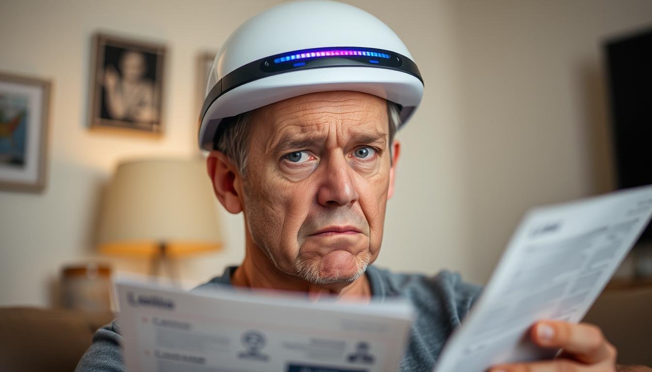 Person looking frustrated while using an LLLT laser helmet